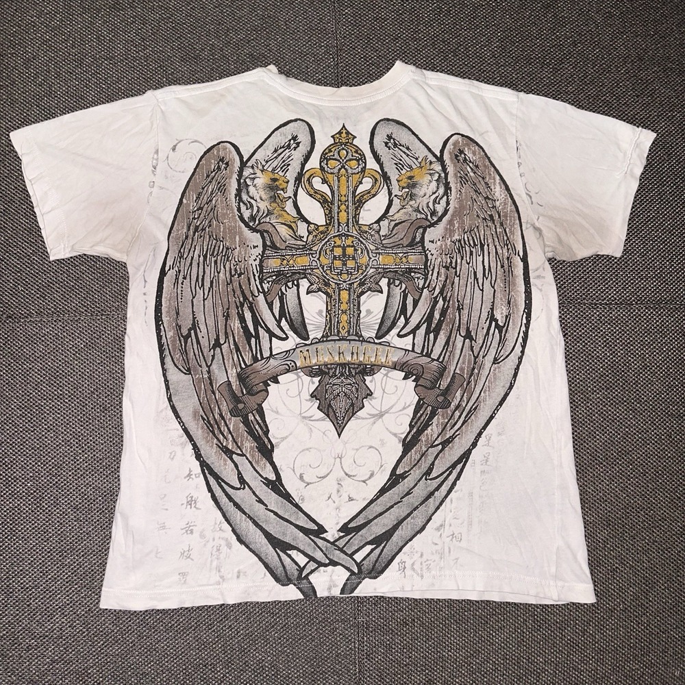 Vintage Y2K Muskegee Angel Wings Affliction Style White Grunge T-Shirt Mens L